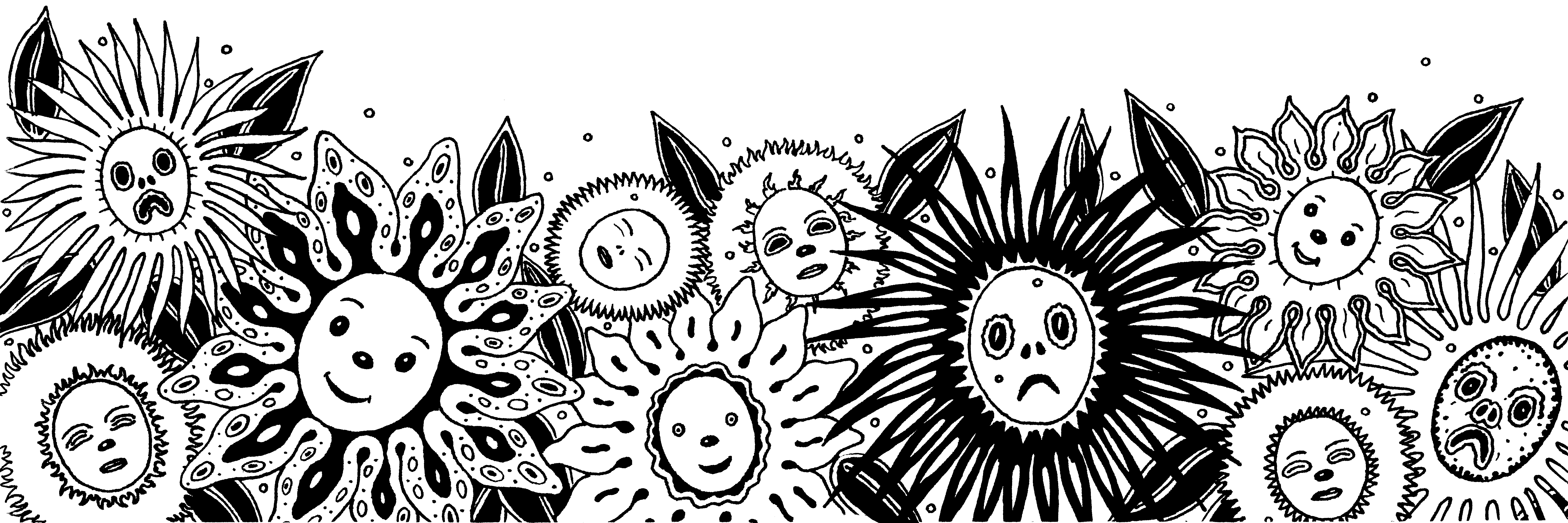 dessins de plein de fleurs psychédéliques avec des visage portant différentes expressions (tristes, joyeuses, souffrantes…)